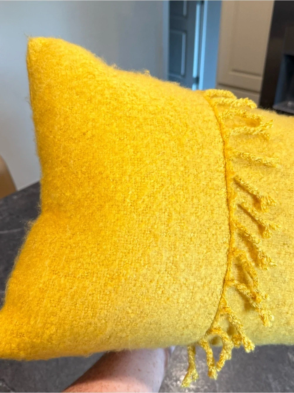 Pottery Barn mustard yellow fringe throw pillow 14”x20”